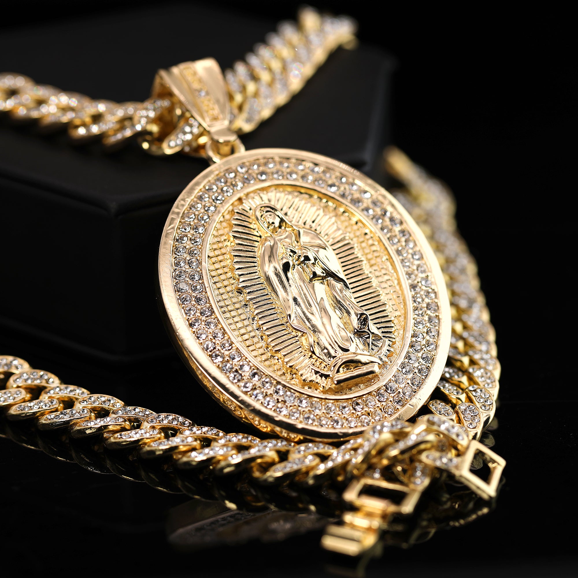 Hip Hop Fully Iced Large Gold Plated Oval CZ Guadalupe Pendant & Cuban Chain Necklace – Full Prong CZ