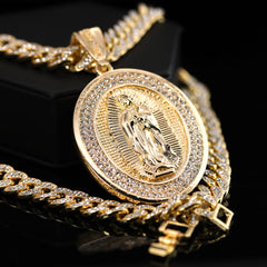 Hip Hop Fully Iced Large Gold Plated Oval CZ Guadalupe Pendant & Cuban Chain Necklace – Full Prong CZ