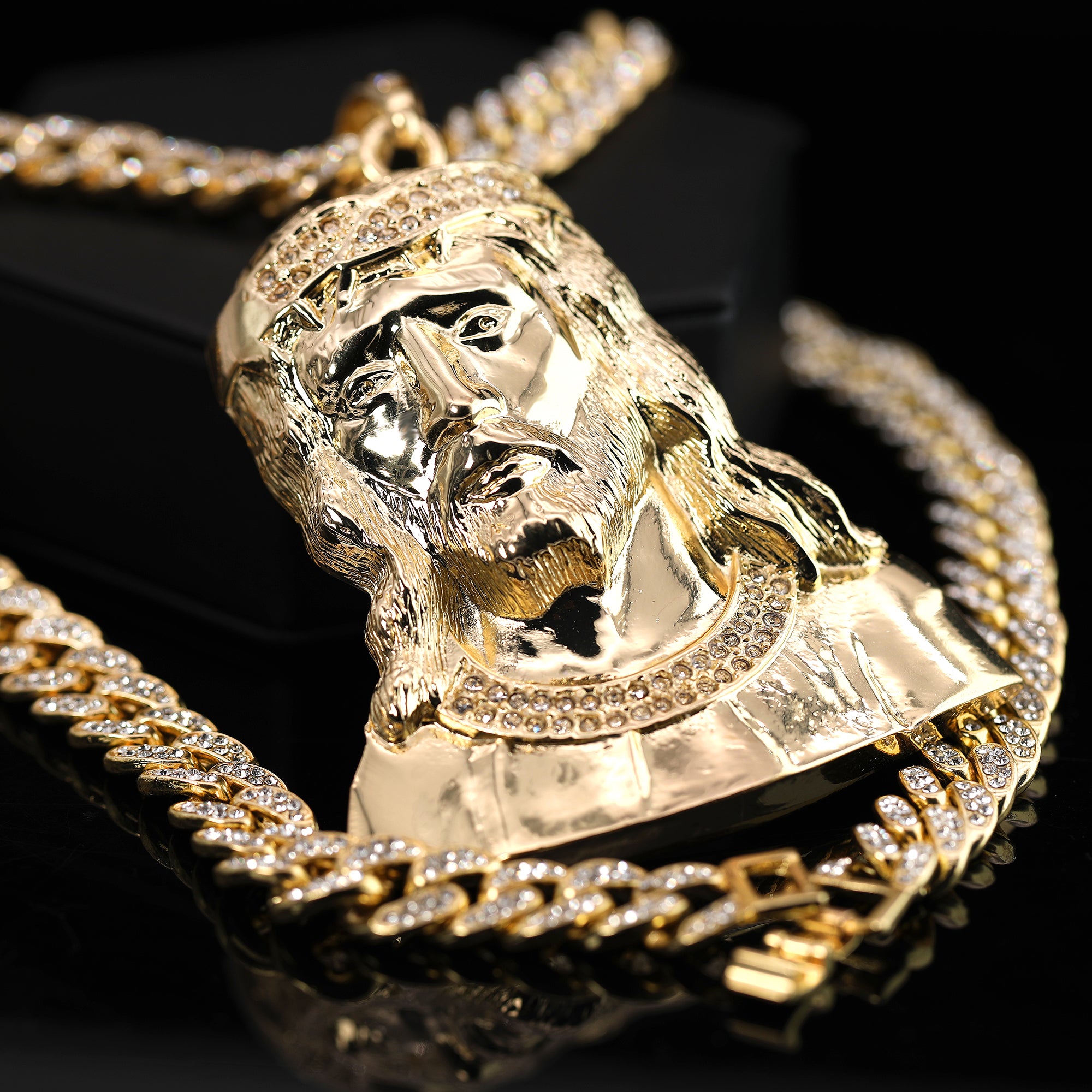 Hip Hop Fully Iced Large Gold Plated Sad Jesus Face Pendant & Cuban Chain Necklace – Full Prong CZ