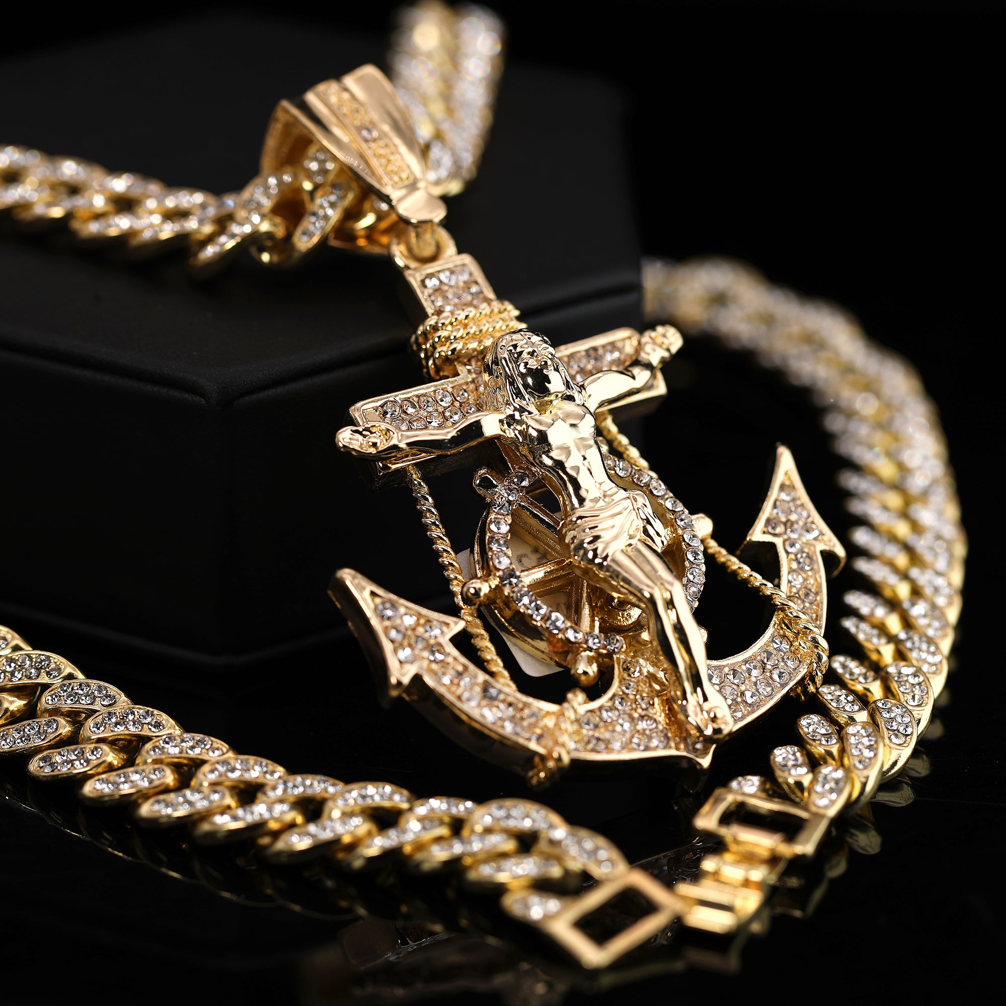 Hip Hop Fully Iced Large Gold Plated Jesus CZ Anchor Pendant & Cuban Chain Necklace – Full Prong CZ
