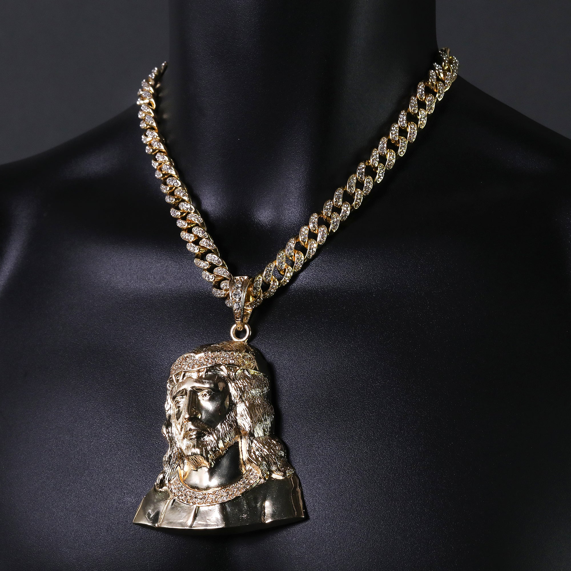 Hip Hop Fully Iced Large Gold Plated Sad Jesus Face Pendant & Cuban Chain Necklace – Full Prong CZ