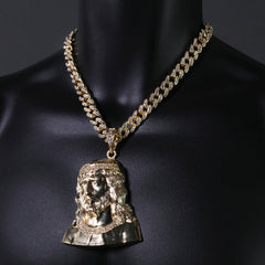 Hip Hop Fully Iced Large Gold Plated Sad Jesus Face Pendant & Cuban Chain Necklace – Full Prong CZ