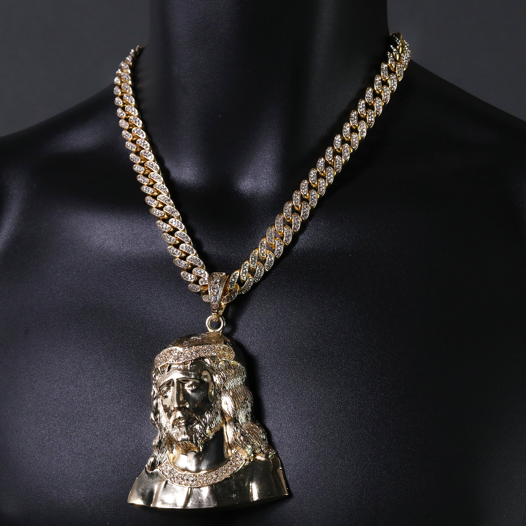 Hip Hop Fully Iced Large Gold Plated Sad Jesus Face Pendant & Cuban Chain Necklace – Full Prong CZ
