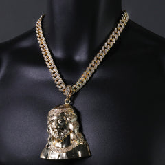 Hip Hop Fully Iced Large Gold Plated Sad Jesus Face Pendant & Cuban Chain Necklace – Full Prong CZ