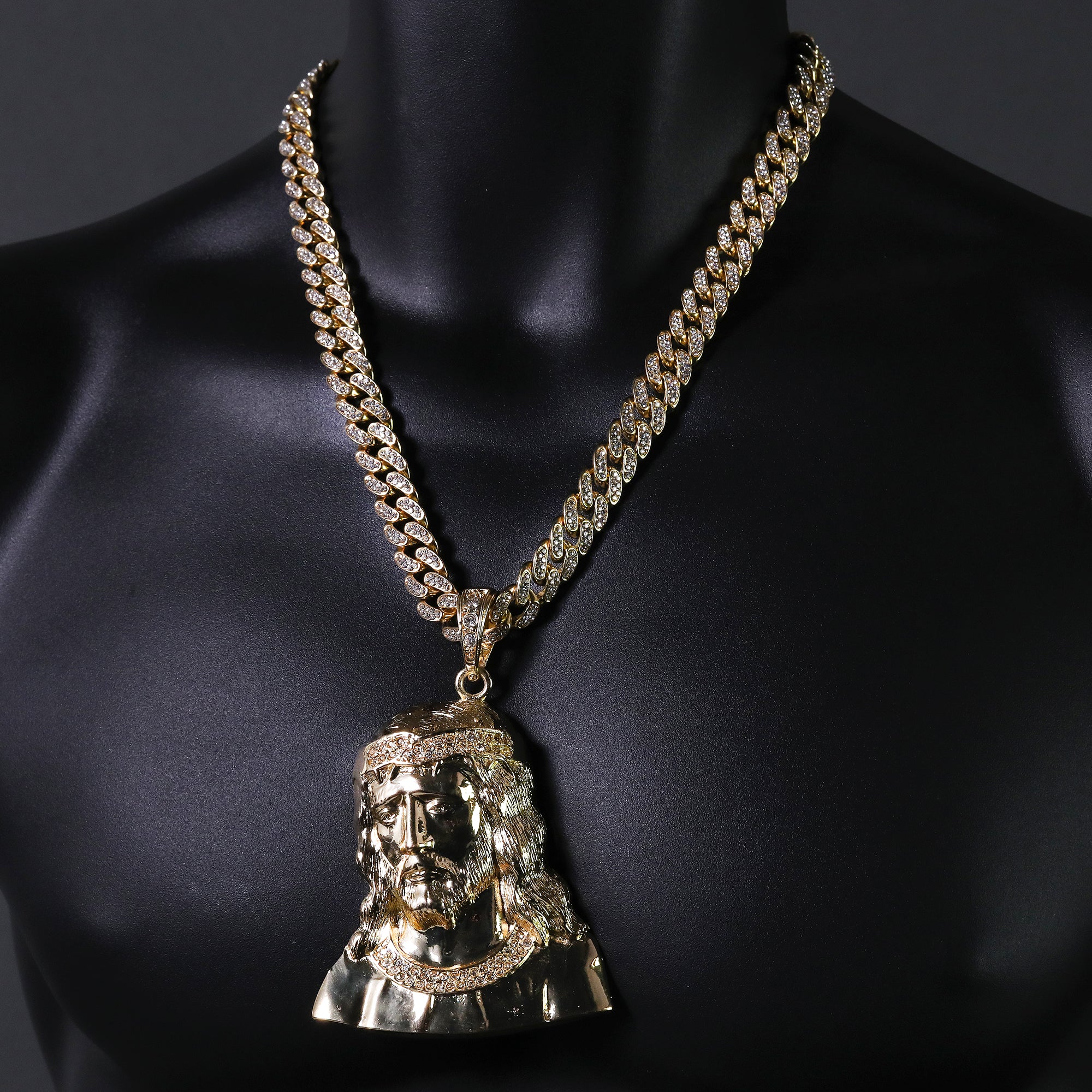 Hip Hop Fully Iced Large Gold Plated Sad Jesus Face Pendant & Cuban Chain Necklace – Full Prong CZ