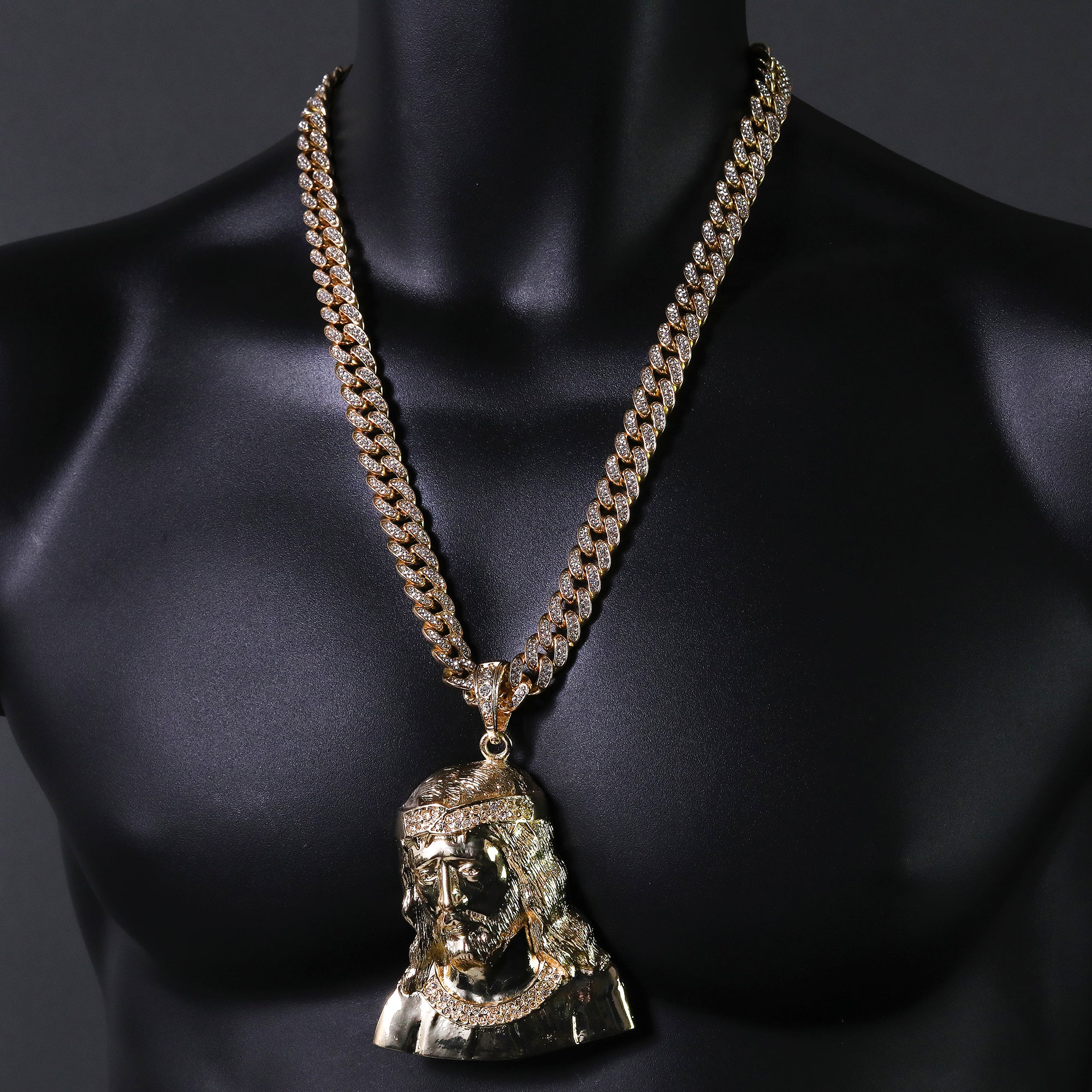 Hip Hop Fully Iced Large Gold Plated Sad Jesus Face Pendant & Cuban Chain Necklace – Full Prong CZ