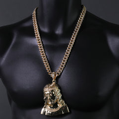 Hip Hop Fully Iced Large Gold Plated Sad Jesus Face Pendant & Cuban Chain Necklace – Full Prong CZ