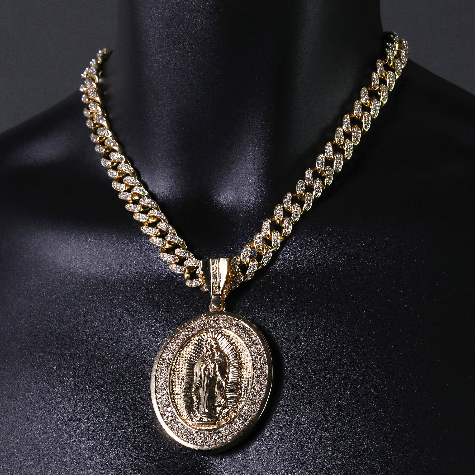 Hip Hop Fully Iced Large Gold Plated Oval CZ Guadalupe Pendant & Cuban Chain Necklace – Full Prong CZ