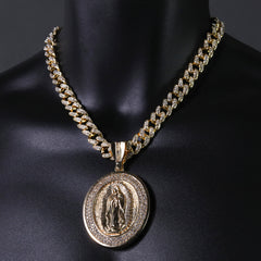 Hip Hop Fully Iced Large Gold Plated Oval CZ Guadalupe Pendant & Cuban Chain Necklace – Full Prong CZ