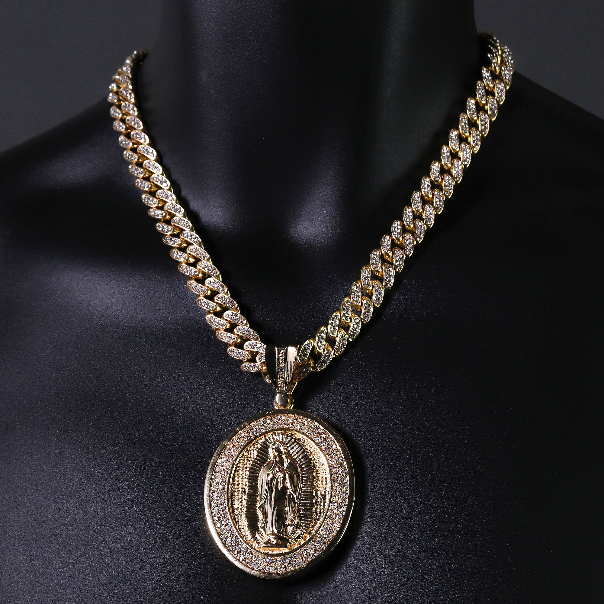 Hip Hop Fully Iced Large Gold Plated Oval CZ Guadalupe Pendant & Cuban Chain Necklace – Full Prong CZ