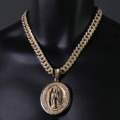 Hip Hop Fully Iced Large Gold Plated Oval CZ Guadalupe Pendant & Cuban Chain Necklace – Full Prong CZ