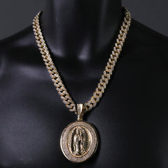 Hip Hop Fully Iced Large Gold Plated Oval CZ Guadalupe Pendant & Cuban Chain Necklace – Full Prong CZ
