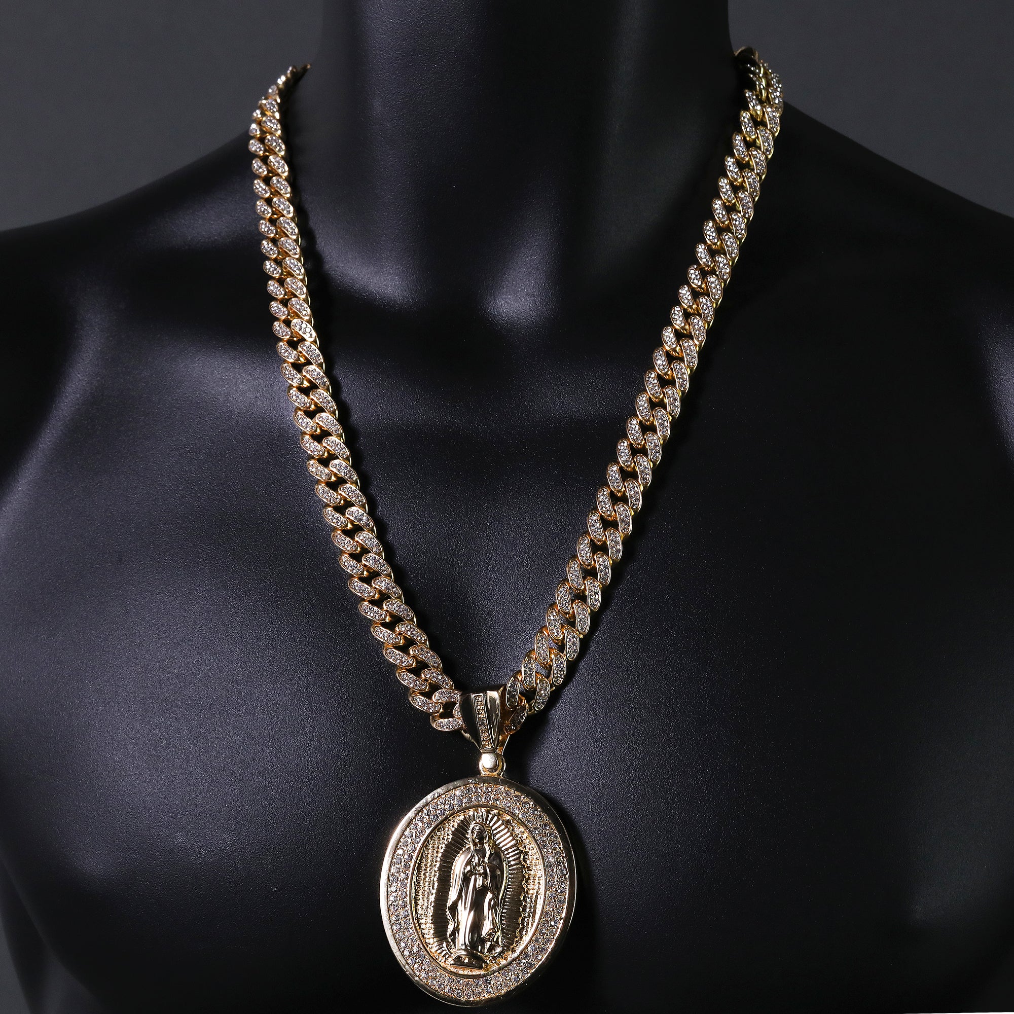 Hip Hop Fully Iced Large Gold Plated Oval CZ Guadalupe Pendant & Cuban Chain Necklace – Full Prong CZ