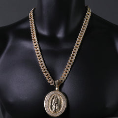 Hip Hop Fully Iced Large Gold Plated Oval CZ Guadalupe Pendant & Cuban Chain Necklace – Full Prong CZ
