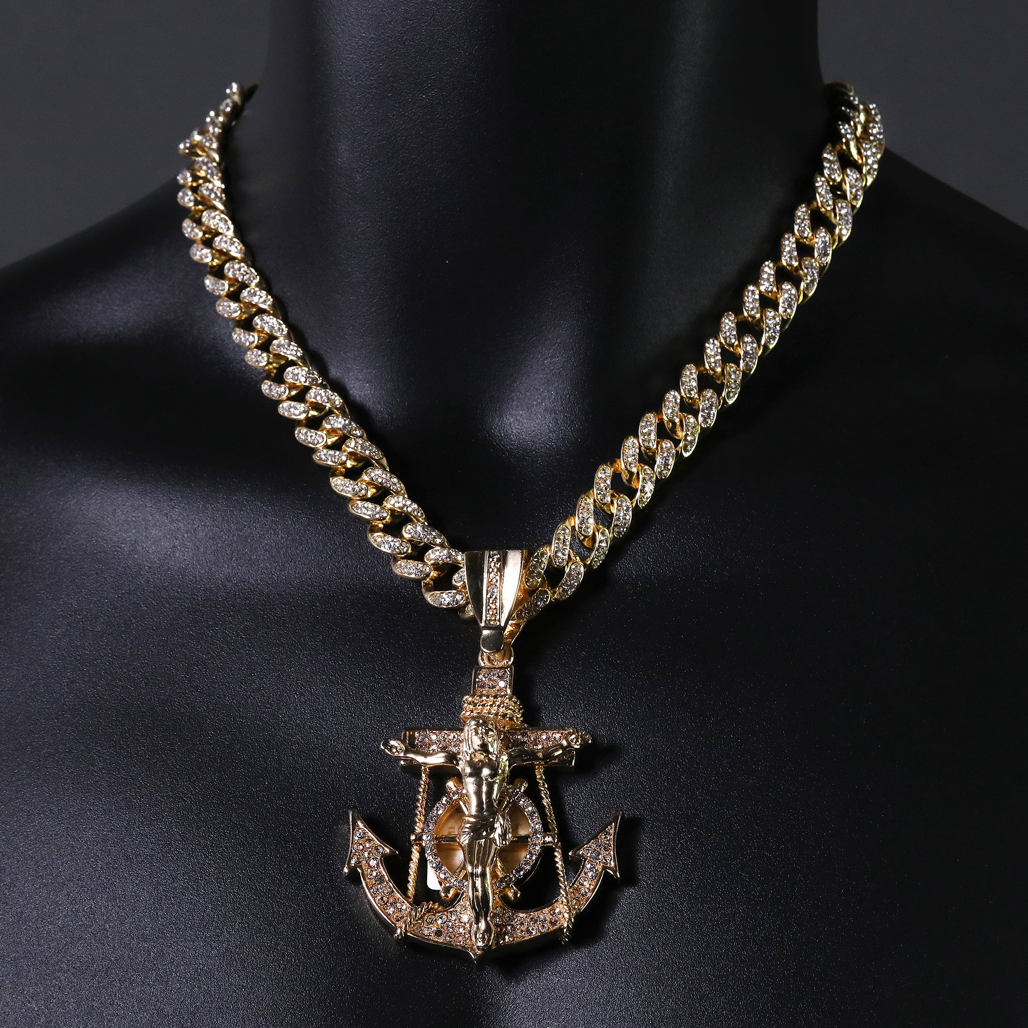 Hip Hop Fully Iced Large Gold Plated Jesus CZ Anchor Pendant & Cuban Chain Necklace – Full Prong CZ