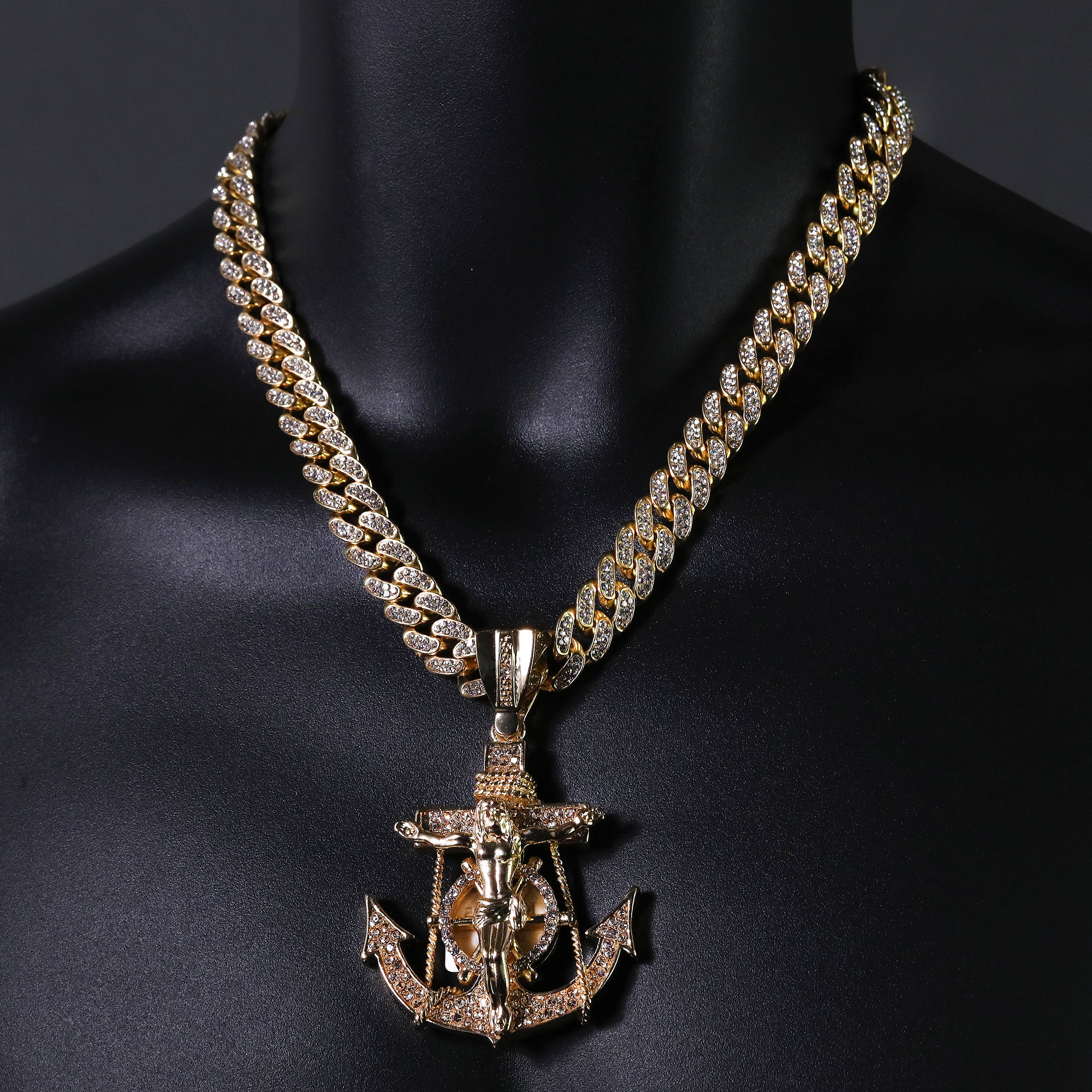 Hip Hop Fully Iced Large Gold Plated Jesus CZ Anchor Pendant & Cuban Chain Necklace – Full Prong CZ