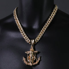Hip Hop Fully Iced Large Gold Plated Jesus CZ Anchor Pendant & Cuban Chain Necklace – Full Prong CZ
