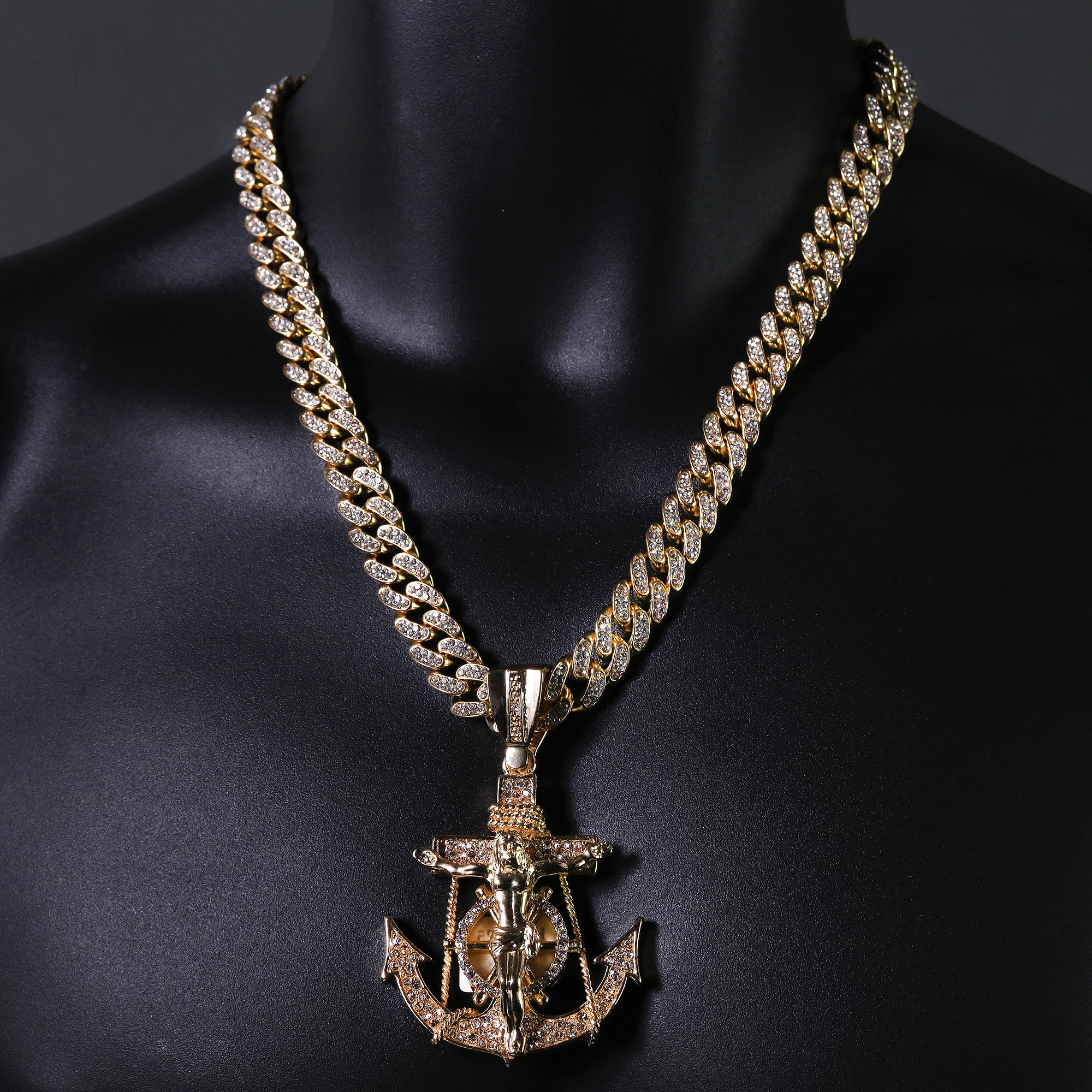 Hip Hop Fully Iced Large Gold Plated Jesus CZ Anchor Pendant & Cuban Chain Necklace – Full Prong CZ