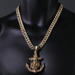 Hip Hop Fully Iced Large Gold Plated Jesus CZ Anchor Pendant & Cuban Chain Necklace – Full Prong CZ