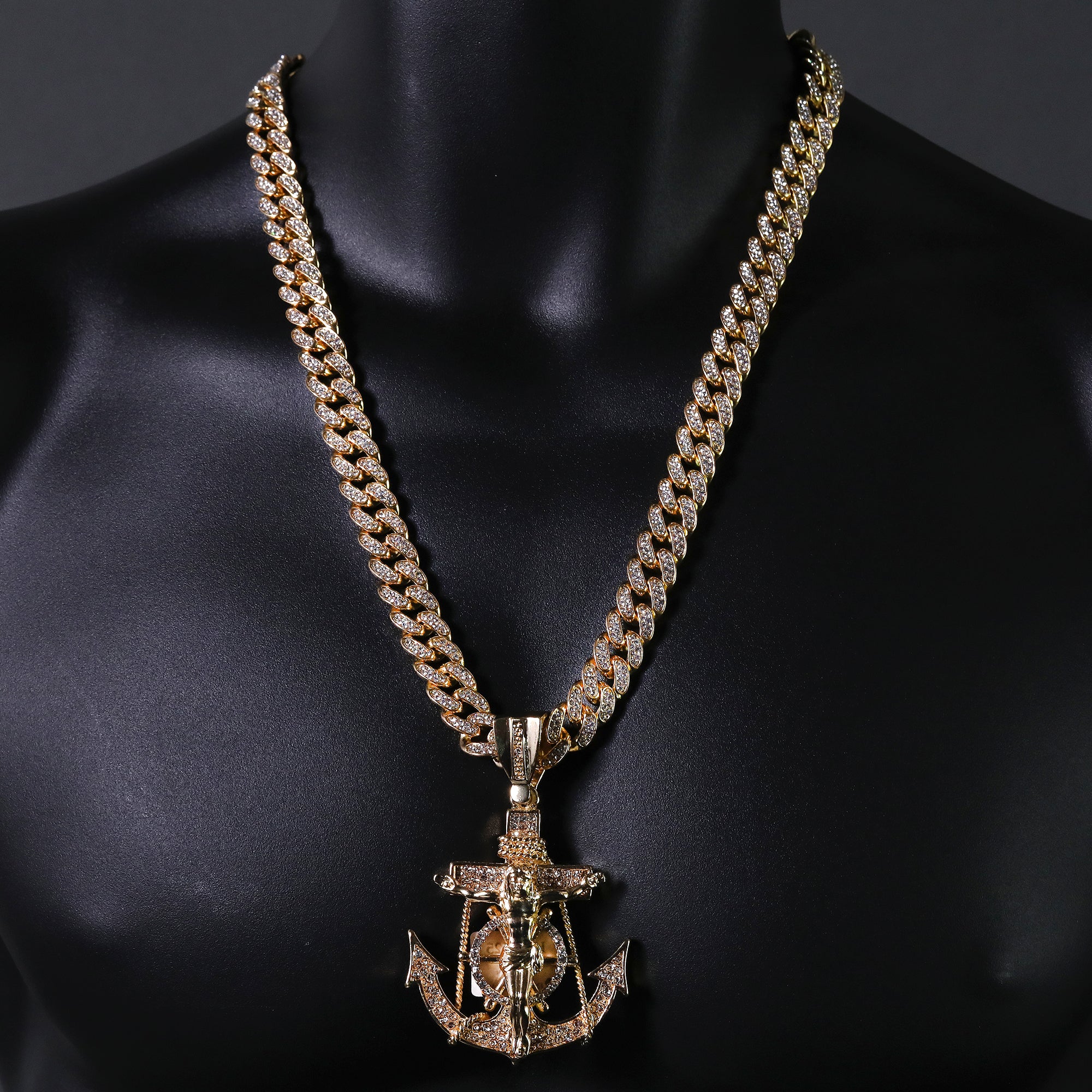 Hip Hop Fully Iced Large Gold Plated Jesus CZ Anchor Pendant & Cuban Chain Necklace – Full Prong CZ