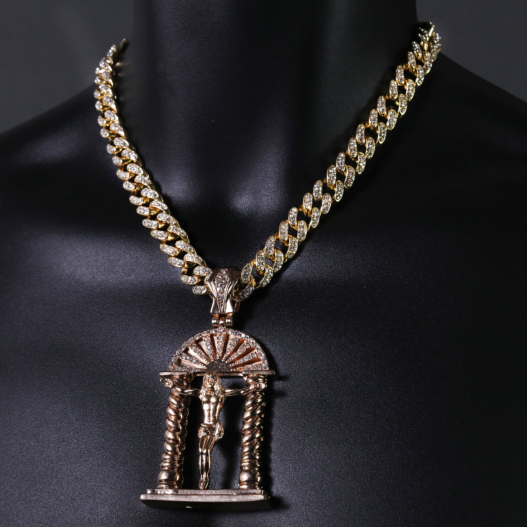 Hip Hop Fully Iced Large Gold Plated Crucifix Temple Pendant & Cuban Chain Necklace