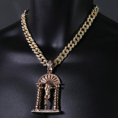 Hip Hop Fully Iced Large Gold Plated Crucifix Temple Pendant & Cuban Chain Necklace