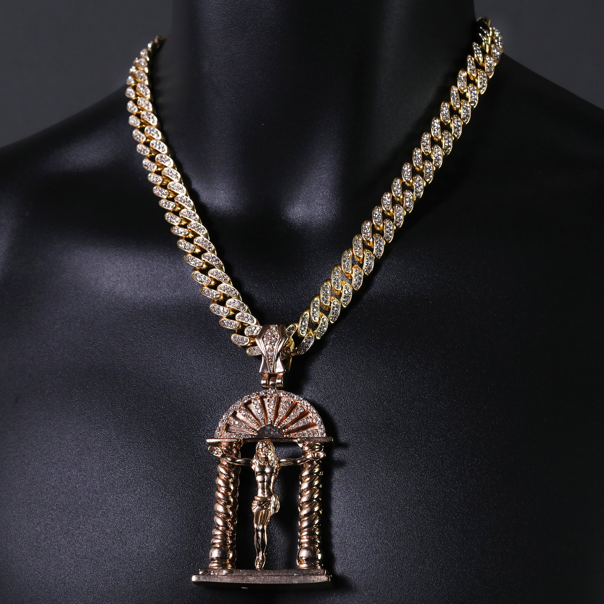 Hip Hop Fully Iced Large Gold Plated Crucifix Temple Pendant & Cuban Chain Necklace