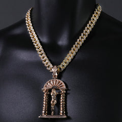 Hip Hop Fully Iced Large Gold Plated Crucifix Temple Pendant & Cuban Chain Necklace