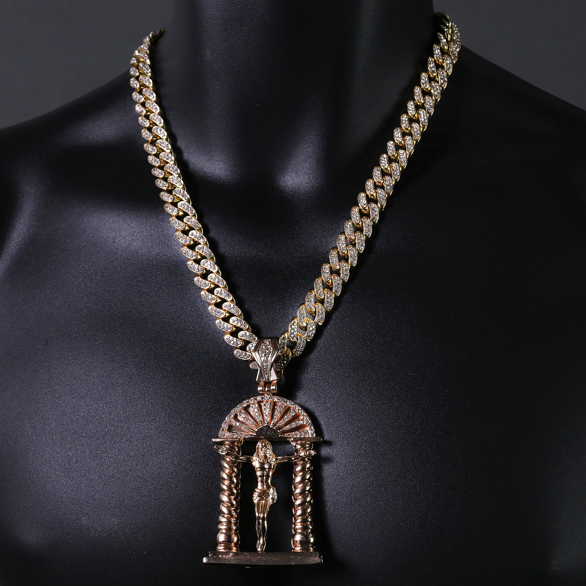 Hip Hop Fully Iced Large Gold Plated Crucifix Temple Pendant & Cuban Chain Necklace