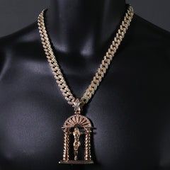 Hip Hop Fully Iced Large Gold Plated Crucifix Temple Pendant & Cuban Chain Necklace
