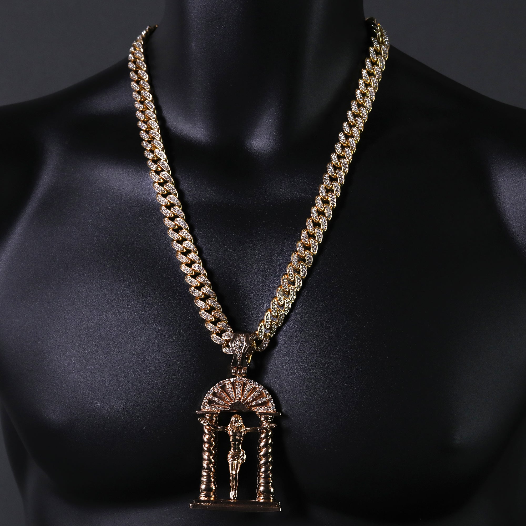 Hip Hop Fully Iced Large Gold Plated Crucifix Temple Pendant & Cuban Chain Necklace