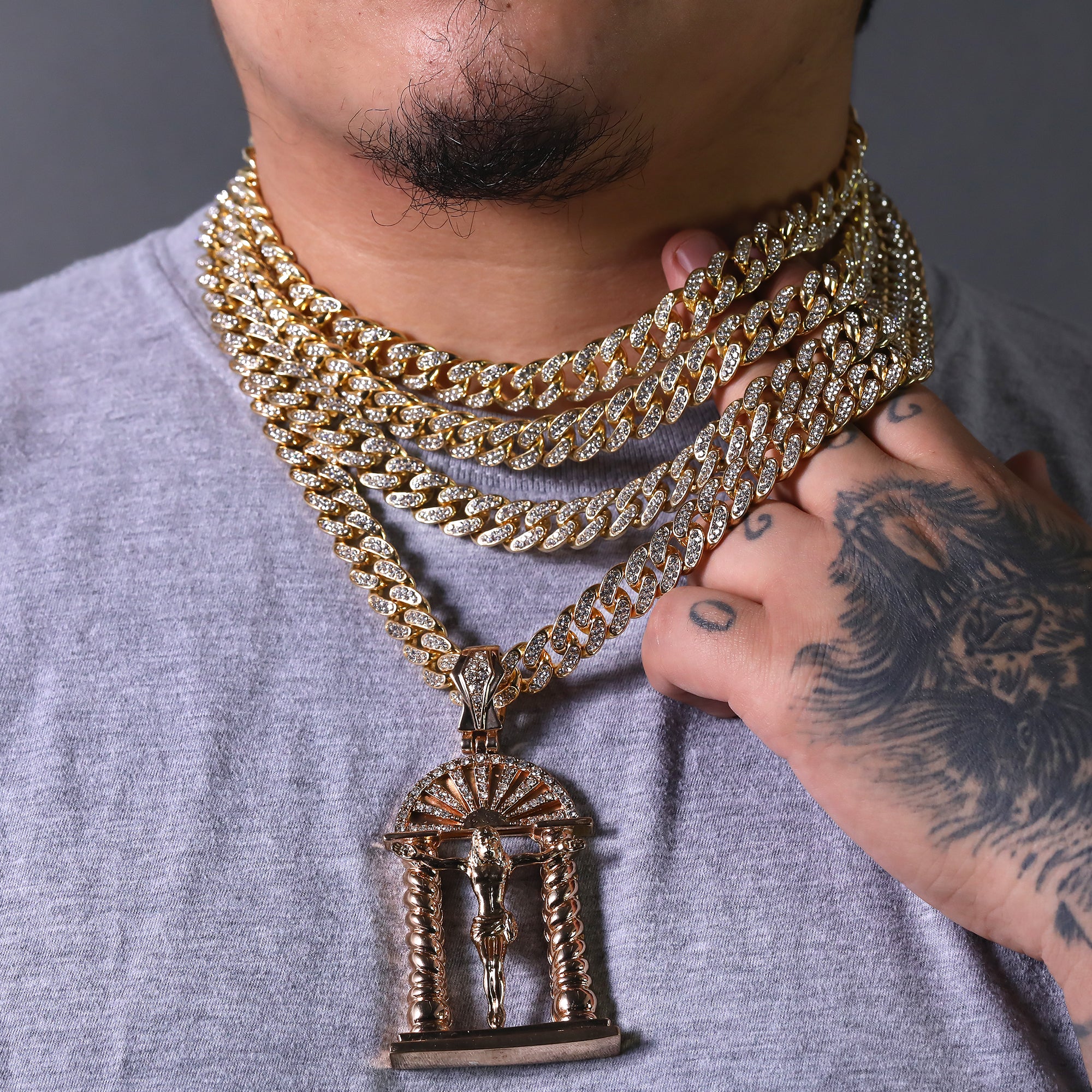 Hip Hop Fully Iced Large Gold Plated Crucifix Temple Pendant & Cuban Chain Necklace