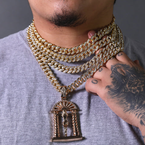 Hip Hop Fully Iced Large Gold Plated Crucifix Temple Pendant & Cuban Chain Necklace