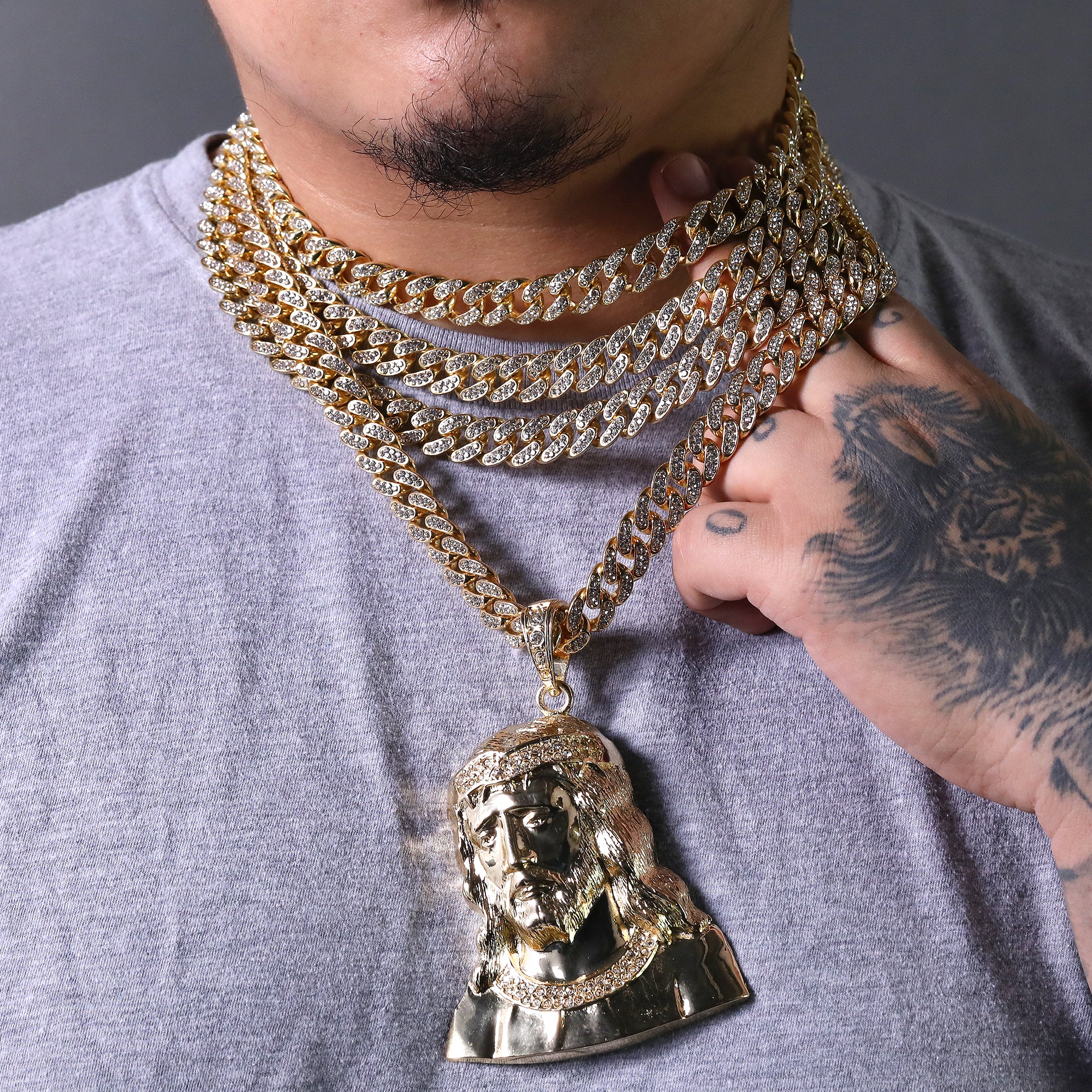 Hip Hop Fully Iced Large Gold Plated Sad Jesus Face Pendant & Cuban Chain Necklace – Full Prong CZ