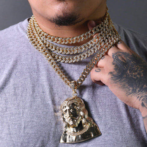 Hip Hop Fully Iced Large Gold Plated Sad Jesus Face Pendant & Cuban Chain Necklace – Full Prong CZ