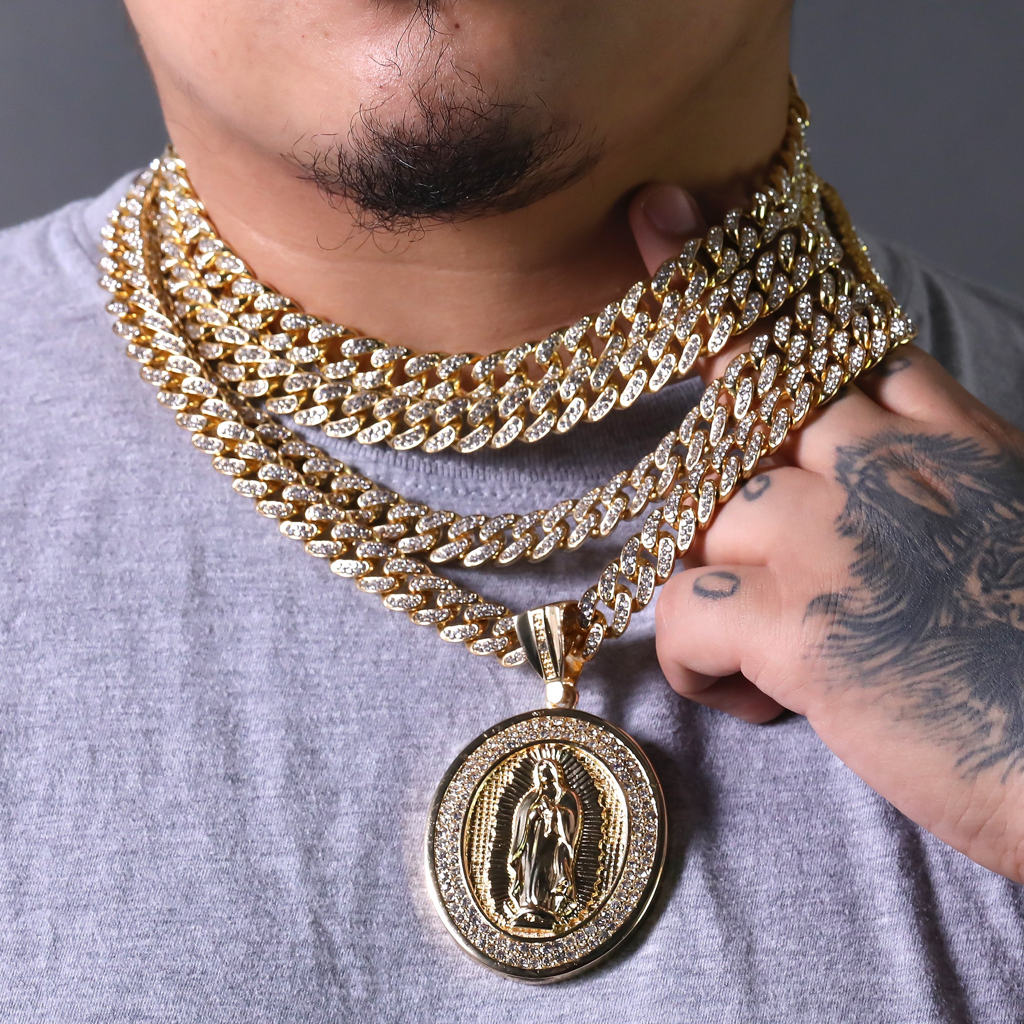 Hip Hop Fully Iced Large Gold Plated Oval CZ Guadalupe Pendant & Cuban Chain Necklace – Full Prong CZ