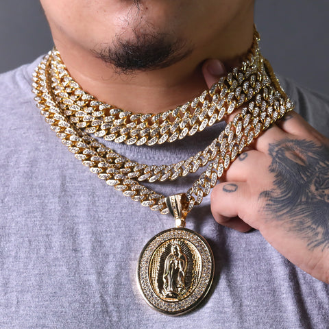 Hip Hop Fully Iced Large Gold Plated Oval CZ Guadalupe Pendant & Cuban Chain Necklace – Full Prong CZ