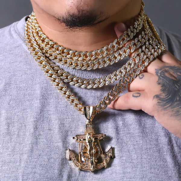 Hip Hop Fully Iced Gold Plated Jesus CZ Anchor Pendant