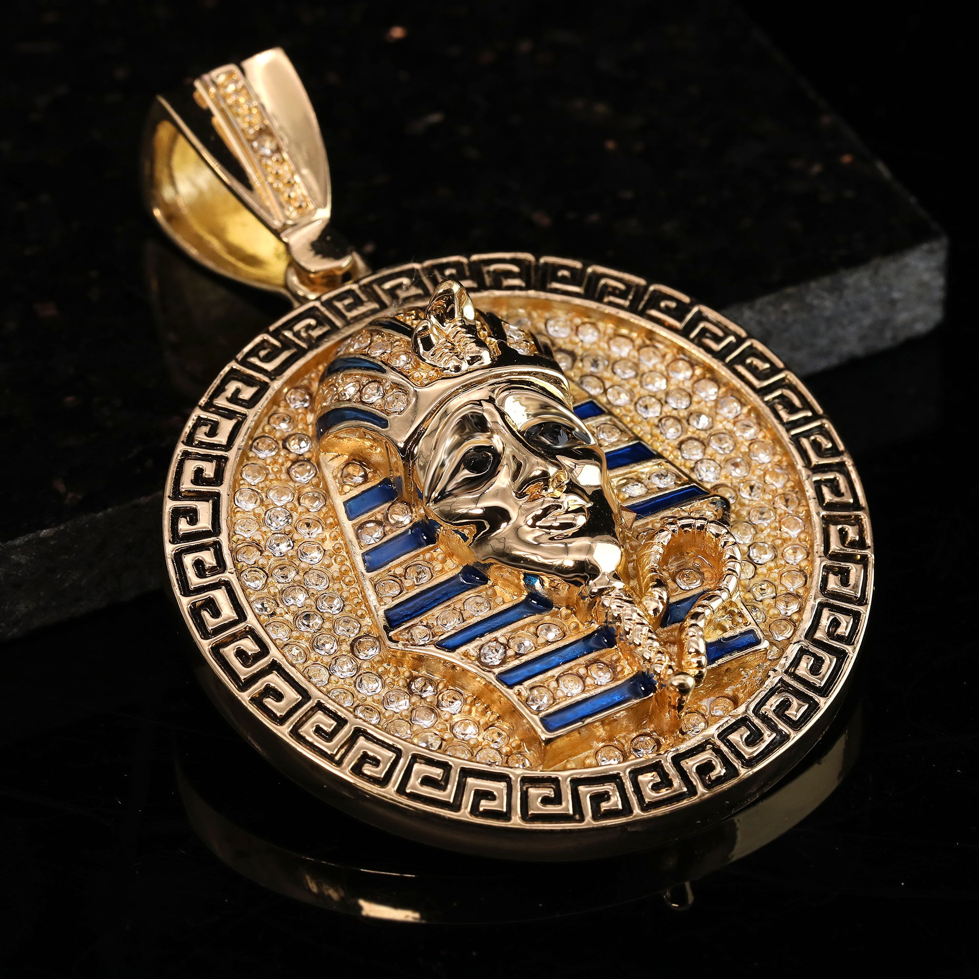 2pc Hip Hop Fully Iced Large Gold Plated Round Pharaoh Pendant Cuban 18" 24"