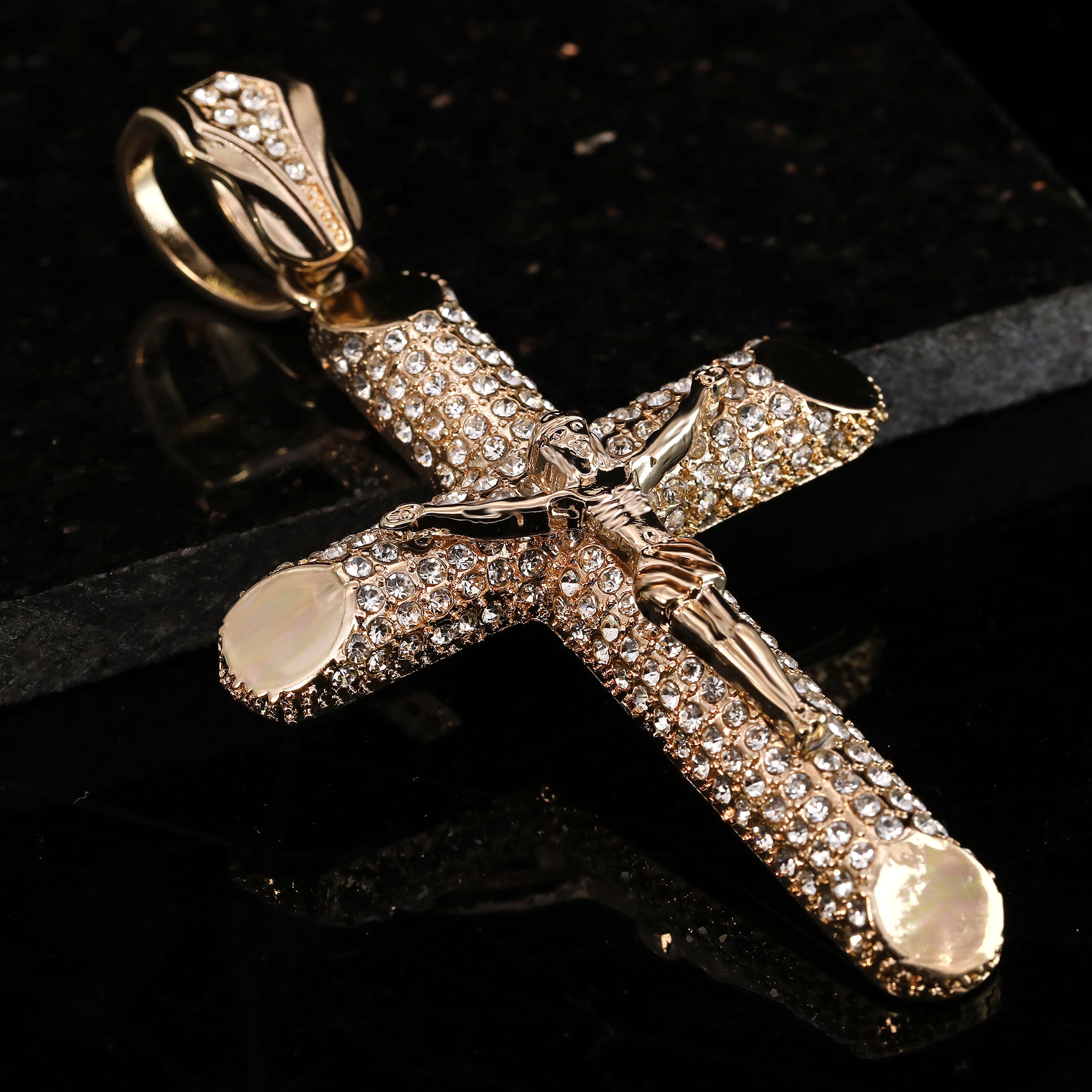 Hip Hop Fully Iced Large Gold Plated Jesus Cross Pendant & Cuban Chain Necklace – Full Prong CZ