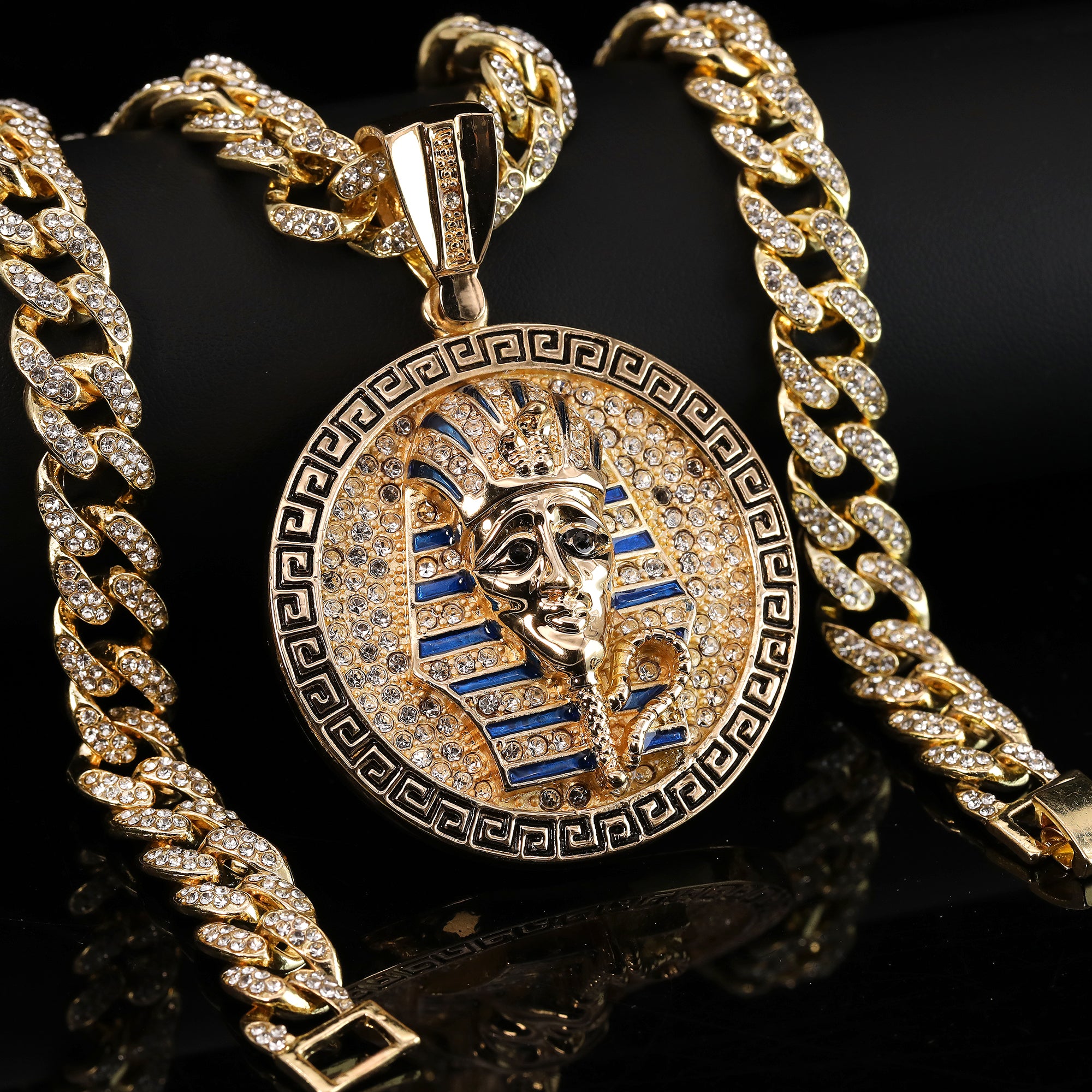2pc Hip Hop Fully Iced Large Gold Plated Round Pharaoh Pendant Cuban 18" 24"