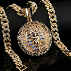 2pc Hip Hop Fully Iced Large Gold Plated Round Pharaoh Pendant Cuban 18" 24"