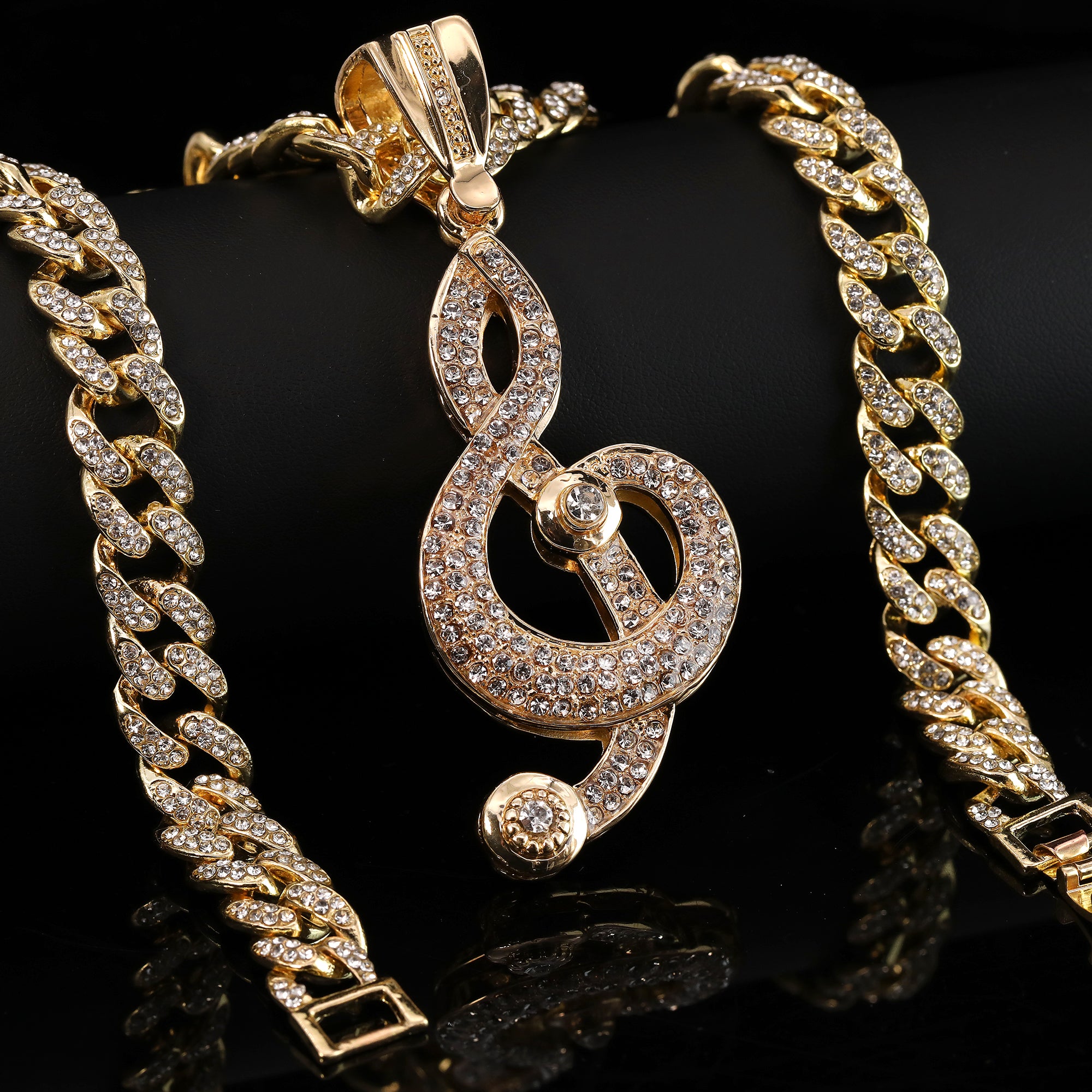 Hip Hop Fully Iced Large Gold Plated Musical Note Pendant & Cuban Chain Necklace – Full Prong CZ