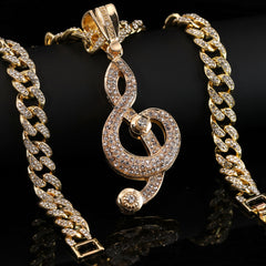 Hip Hop Fully Iced Large Gold Plated Musical Note Pendant & Cuban Chain Necklace – Full Prong CZ