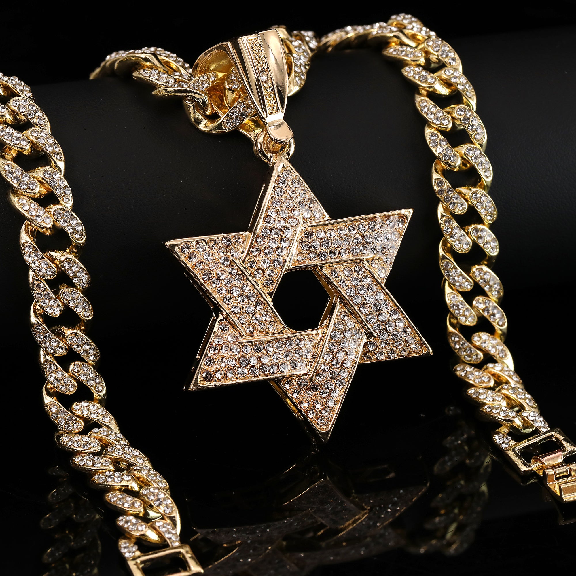 Hip Hop Fully Iced Large Gold Plated Star of David Pendant & Cuban Chain Necklace – Full Prong CZ