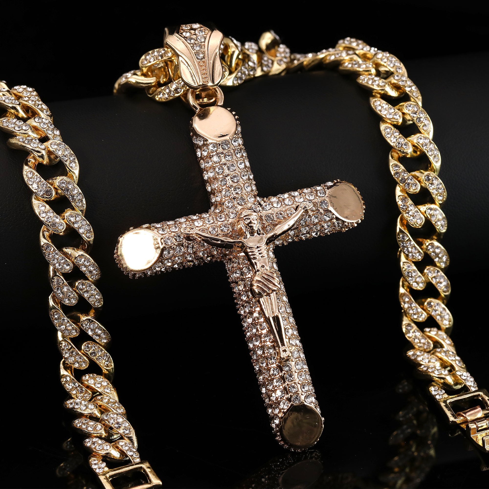 Hip Hop Fully Iced Large Gold Plated Jesus Cross Pendant & Cuban Chain Necklace – Full Prong CZ