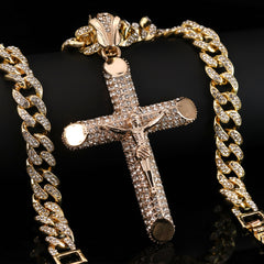 Hip Hop Fully Iced Large Gold Plated Jesus Cross Pendant & Cuban Chain Necklace – Full Prong CZ