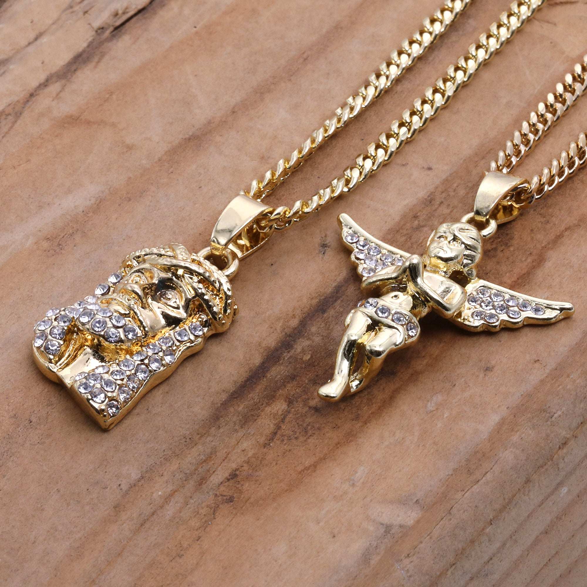 14k Gold Plated Micro Jesus & Angel Cubic-Zirconia Set 20", 24" Cuban Chain 02