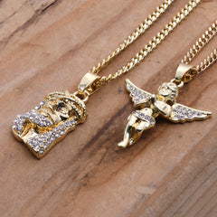 14k Gold Plated Micro Jesus & Angel Cubic-Zirconia Set 20", 24" Cuban Chain 02