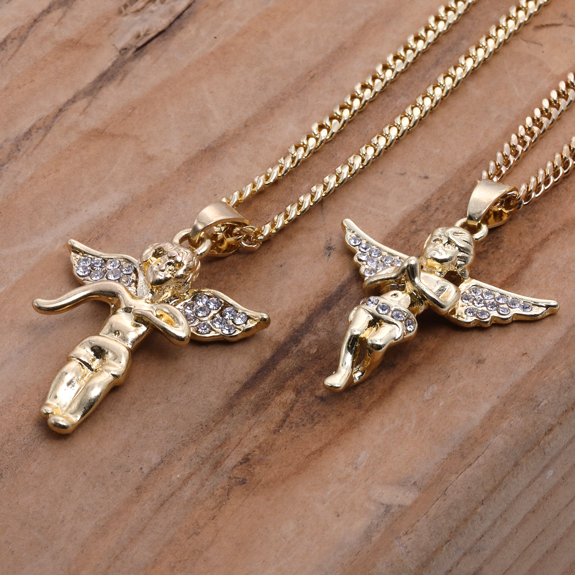 14k Gold Plated Micro Angel & Angel Cubic-Zirconia Set 20", 24" Cuban Chain